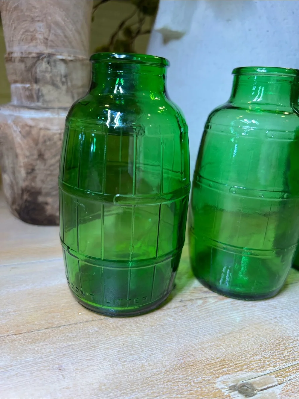 Set 3 Vintage Mickey's Fine Malt Green Glass Barrel Bottles 1960 Patent Pending